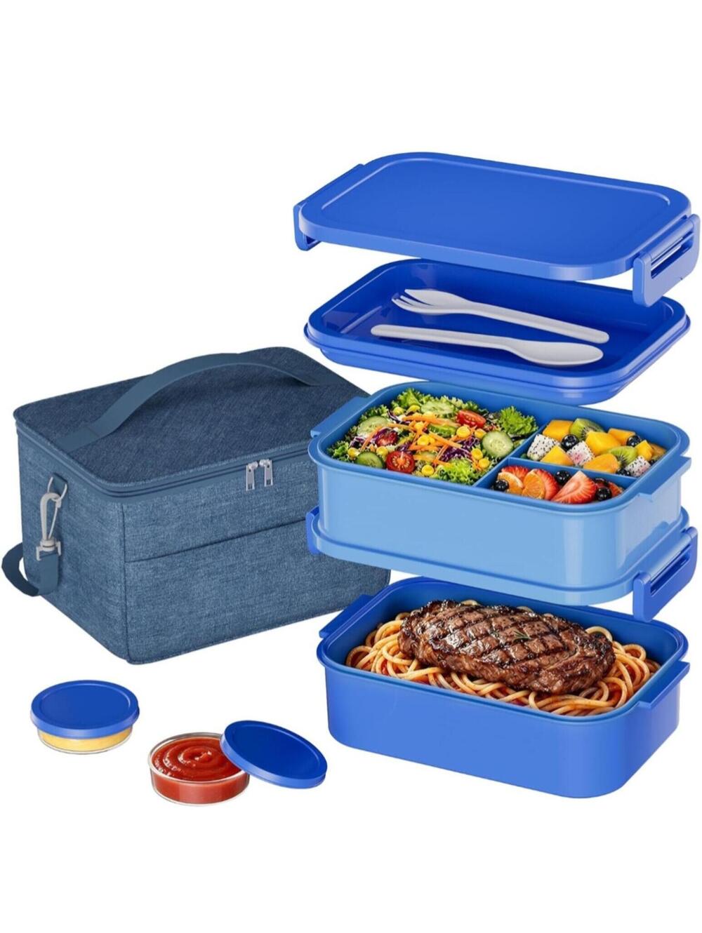Stackable Bento Lunch Box Set with Insulated Carry Bag, Blue and Gray